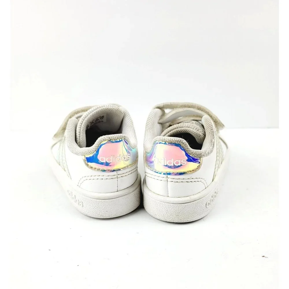 Adidas Grand Court White Tennis Shoes/Sneaker With‎ Iridescent Stripes Size 5K